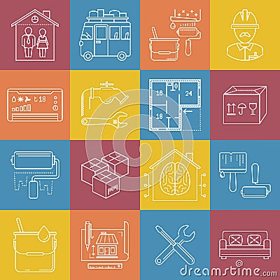 Housing and movement lineart minimal vector iconset on multicolor checkered texture Vector Illustration