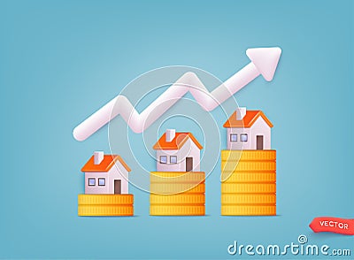 Housing price rising up, real estate or property growth concept. Real estate transaction and rising of property value. 3D Web Vector Illustration