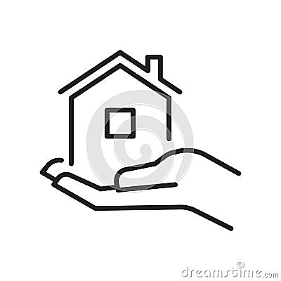 Housing provision concept monochrome line icon vector illustration. Human hand hold house Vector Illustration