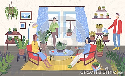 Housplants room interior with gardeners people, nature and home garden, plants indoors concept vector illustration. Vector Illustration