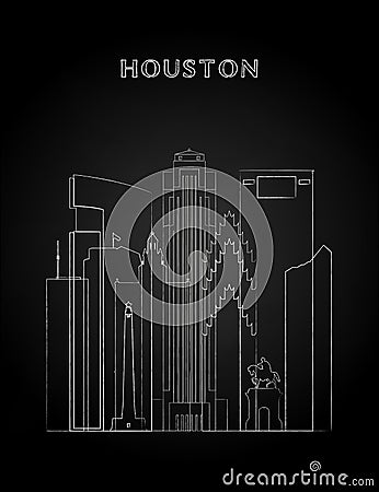 Houston skyline with chalk drawing on a black chalkboard. Vector Illustration