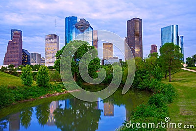 Houston Texas modern skyline from park river Stock Photo