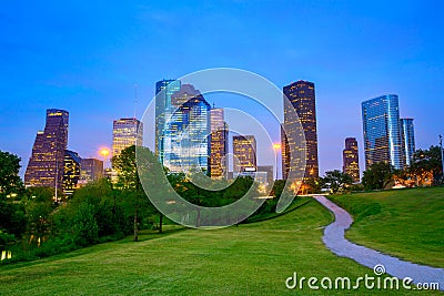 Houston Texas modern skyline at sunset twilight from park Stock Photo