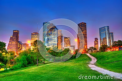 Houston Texas modern skyline at sunset twilight on park Stock Photo