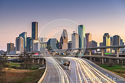 Houston, Texas, USA downtown city skyline and highway Stock Photo