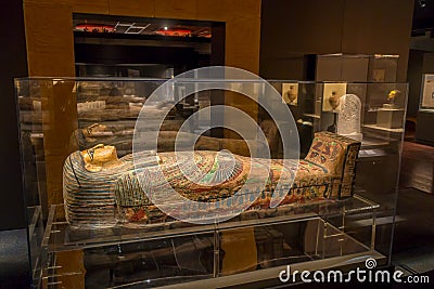 HOUSTON, USA - JANUARY 12, 2017: Exposition of different sarcophagus inside of the building in the Ancient Egypt area Editorial Stock Photo