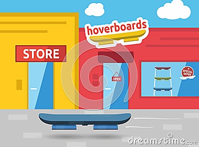 Hoverboard on the street in front of shops Vector Illustration