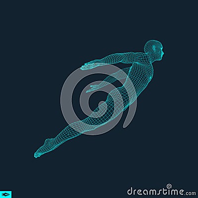 Hovering in Air. Man Floating in the Air. 3D Model of Man. Human Body. Design Element. Vector Illustration