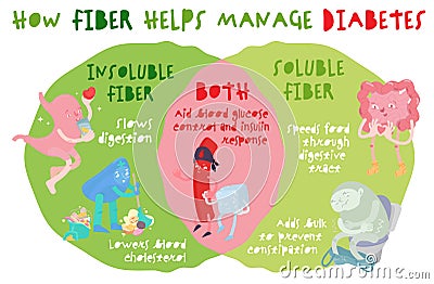 How dietary fiber helps manage diabetes. Healthcare, nutrition, medicine image. Cartoon Illustration