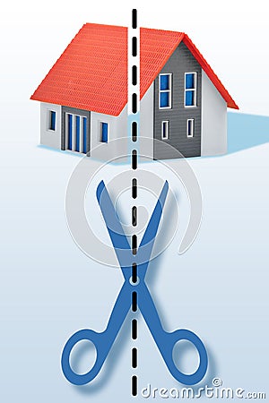 How do you split an inherited house? - divide property and legacy concept with a smal house divided into two parts with scissor Stock Photo