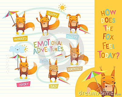 How does the fox feel today Cute cartoon animal with different mood expressions. Educational game for children. Learning Vector Illustration