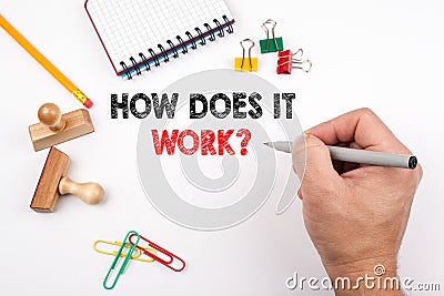 How Does It Work. White office desk on which various items Stock Photo