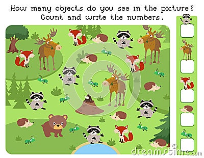 How many animals are in the picture. Puzzle game for children. Count and write numbers. Animals and insects in forest Vector Illustration