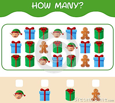 How many cartoon christmas. Counting game. Educational game for pre shool years kids and toddlers Vector Illustration