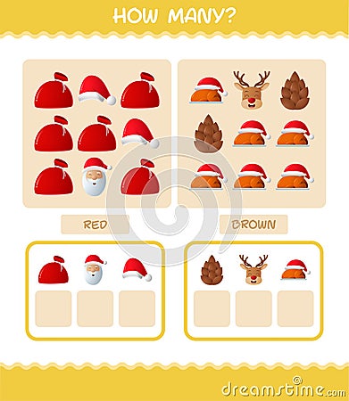 How many cartoon christmas. Counting game. Educational game for pre shool years kids and toddlers Vector Illustration