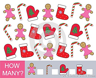 How many Christmas new year objects. Mathematical game for chi Vector Illustration