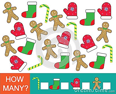 How many Christmas objects. Mathematical game for children. Lear Vector Illustration