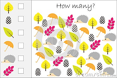 How many counting game with autumn pictures for kids, educational maths task for the development of logical thinking, preschool wo Vector Illustration