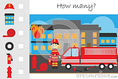 How many counting game, fire and fireman for kids, educational maths task for the development of logical thinking, preschool Stock Photo