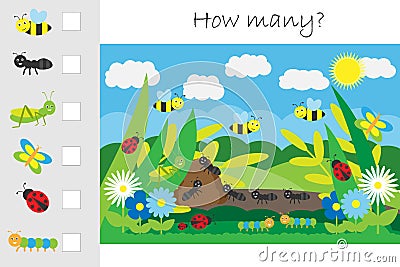 How many counting game, glade with insects for kids, educational maths task for the development of logical thinking, preschool Stock Photo