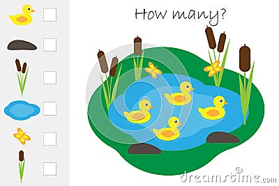 How many counting game, pond with ducks for kids, educational maths task for the development of logical thinking, preschool Stock Photo