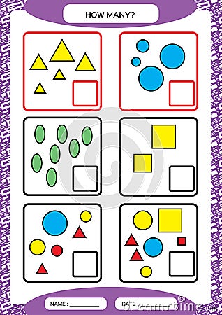 How Many Counting Game for Preschool Children. Educational math game. Count the shapes s in the picture and write the Vector Illustration