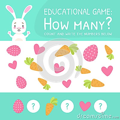 How Many Counting Game for Preschool Children, Educational Mathematical Game, Count and Write Numbers Below Cartoon Vector Illustration