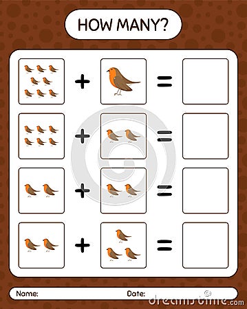 How many counting game with robin bird. worksheet for preschool kids, kids activity sheet Vector Illustration