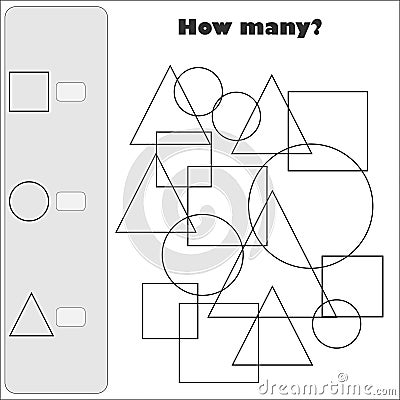 How many counting game with simple geometric shapes for kids, educational maths task for the development of logical Vector Illustration