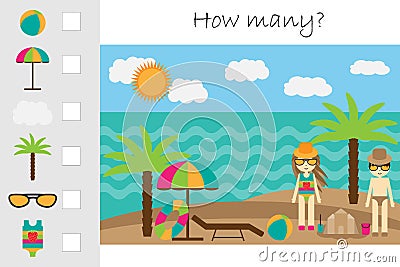 How many counting game, summer beach for kids, educational maths task for the development of logical thinking, preschool worksheet Stock Photo