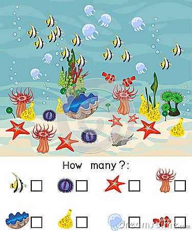 How many different underwater marine animals. Counting educational game with different sea animals for kids Stock Photo