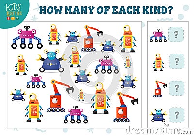 How many of each kind cartoon robot kids counting game vector illustration Vector Illustration