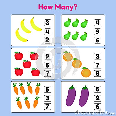 How many Fruit Counting game for kids Illustration Vector. Perfect for Children Math Game Vector Illustration