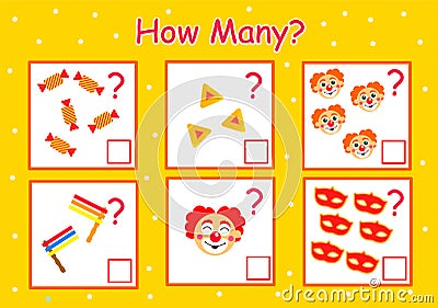 How many games to count, purim holiday elements for children, educational mathematical tasks for the development of logical Stock Photo