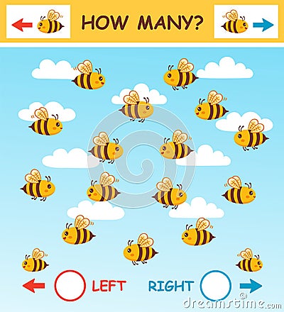 How many honey bees fly left, right direction, math child education puzzle game. Mathematics count honeybee. Kids logic worksheet Vector Illustration