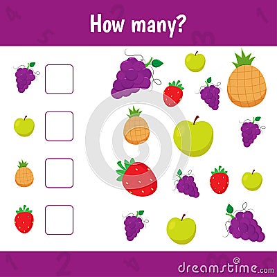 How many instruments are there. Count fruits. Math worksheet for kids Vector Illustration