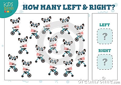 How many left and right cartoon panda on bicycle kids counting game vector illustration Vector Illustration