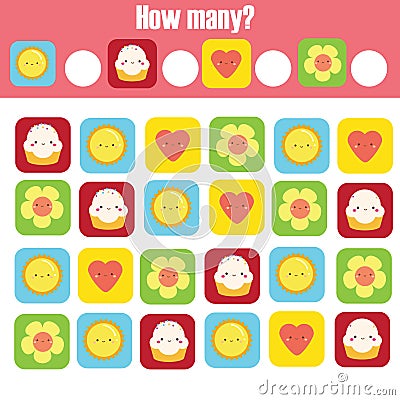 How many objects. Counting educational children game. Study math, numbers, addition for kids Vector Illustration