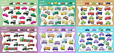 How many objects transport counted? Set of educational games for kids 6 in 1. Vector illustration Vector Illustration