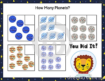 How many planet do you see. Count and write the number educational maze game for kids Vector Illustration