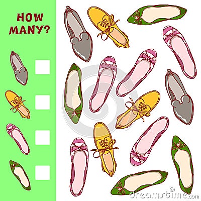 How many shoes. Children counting game. Vector learning activity for kids Stock Photo