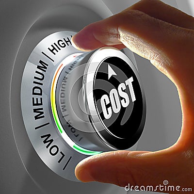 How much does it cost? Hand adjusting a Low to high cost button. Stock Photo