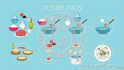 How to cook meat dumplings at home. Easy recipe Vector Illustration
