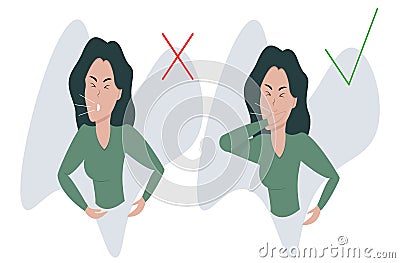 How to cough correctly and not correctly. Comparison. The sick girl is coughing. Cartoon Illustration