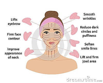 How to do gua sha massage infographic. Facial massage direction scheme. Portrait of young white woman in hair band with rose Vector Illustration