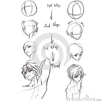 How to draw anime manga head top view. Stock Photo