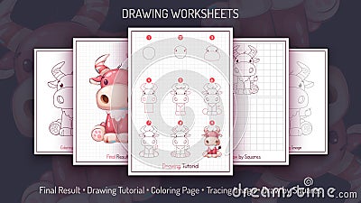 How to Draw a Bull. Step by Step Drawing Tutorial. Draw Guide. Simple Instruction. Coloring Page. Worksheets for Kids Vector Illustration