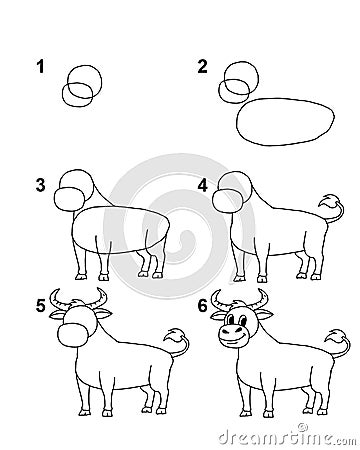 How to draw Bull step by step cartoon illustration with white background Cartoon Illustration