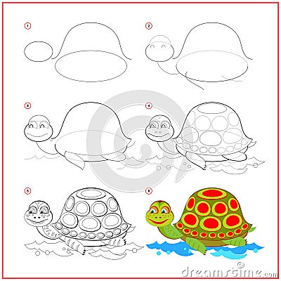 How to draw cute toy turtle. Educational page for children. Creation step by step animal illustration. Printable worksheet for Vector Illustration