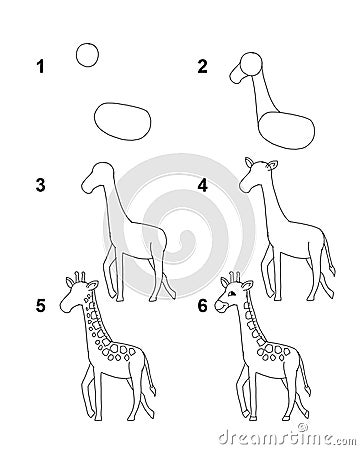 How to draw Giraffe with 6 step cartoon illustration with white background Cartoon Illustration